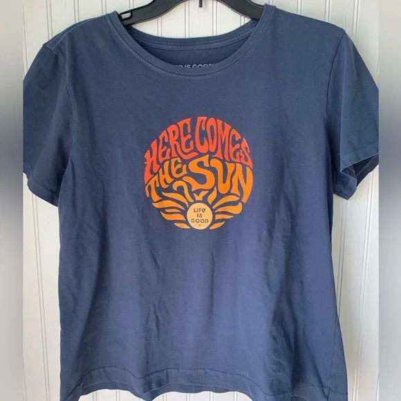 Life Is Good “Here Comes the Sun” (Large) Cobalt Blue with Orange & Yellow words - Picture 2 of 4